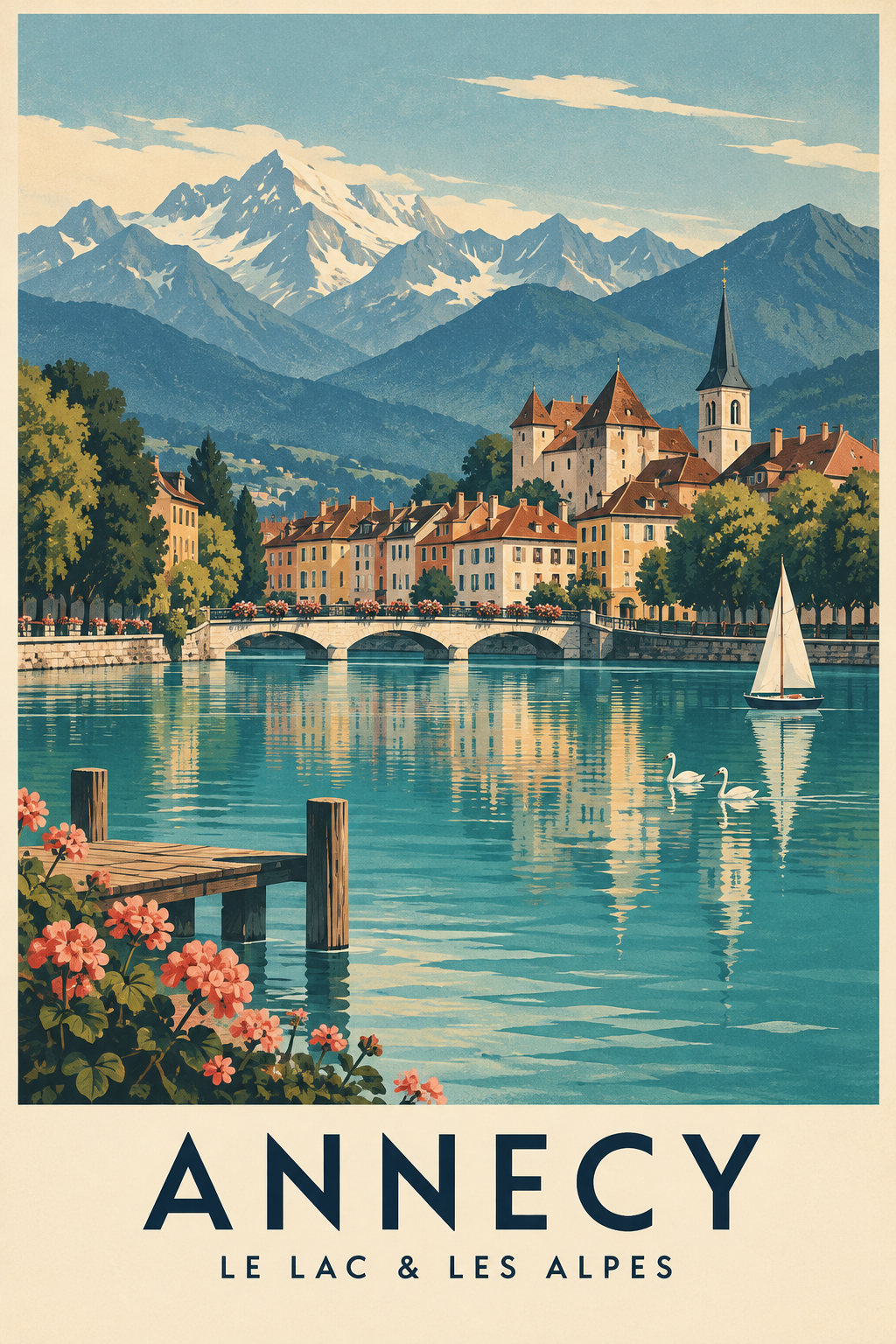 Affiche illustrée Annecy, le lac et les Alpes