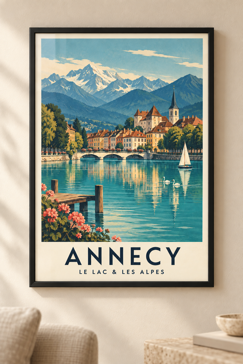 Affiche illustrée Annecy, le lac et les Alpes dans un cadre noir mat