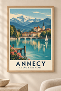 Affiche illustrée Annecy, le lac et les Alpes dans un cadre en bois naturel
