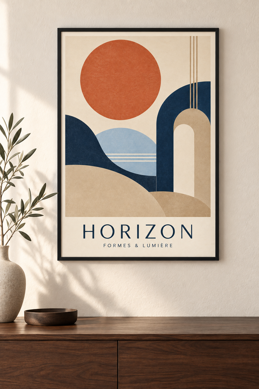 Affiche abstraite Horizon aux formes terracotta et bleu nuit dans un cadre noir mat