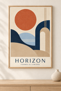 Affiche abstraite Horizon aux formes terracotta et bleu nuit dans un cadre en bois naturel