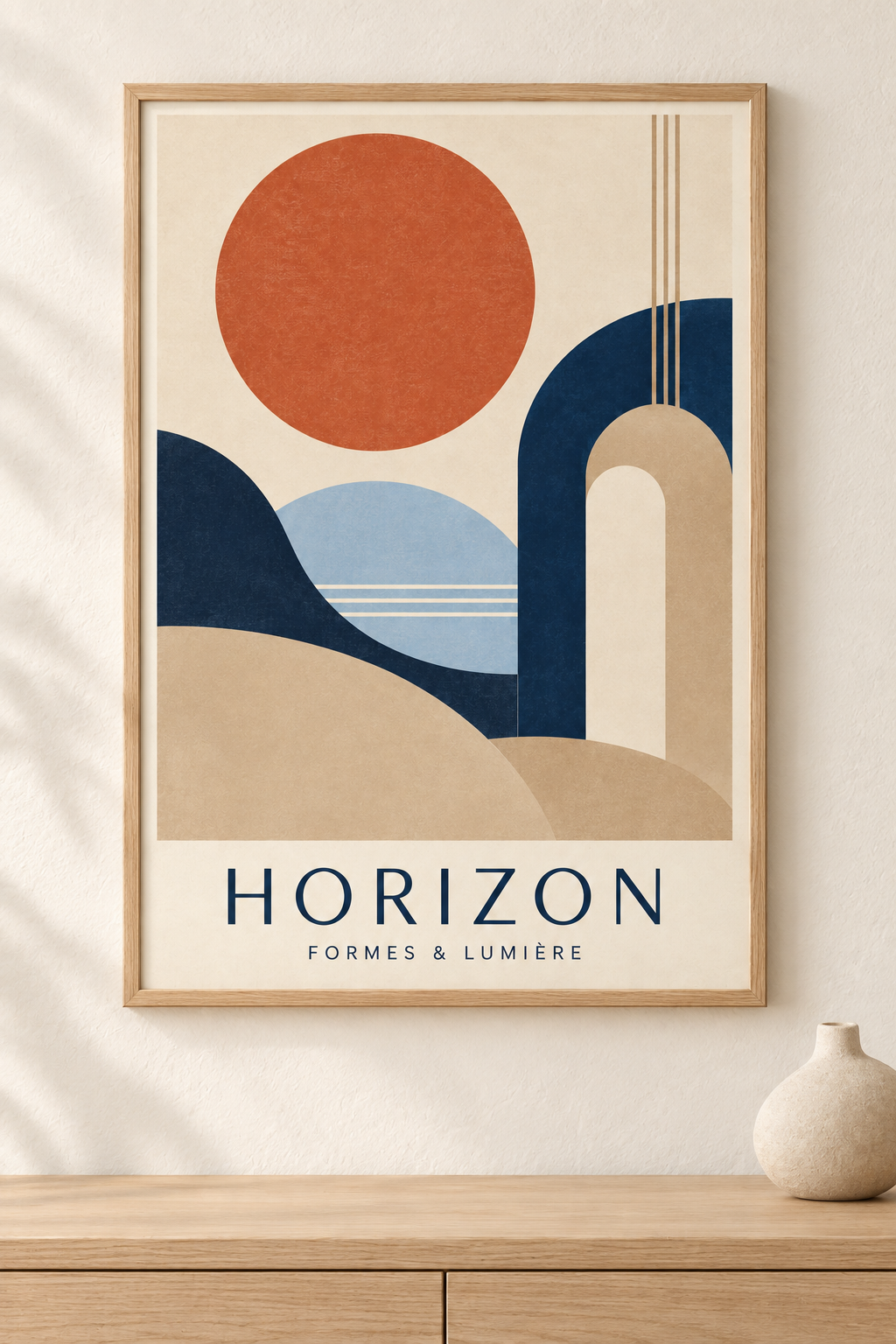 Affiche abstraite Horizon aux formes terracotta et bleu nuit dans un cadre en bois naturel