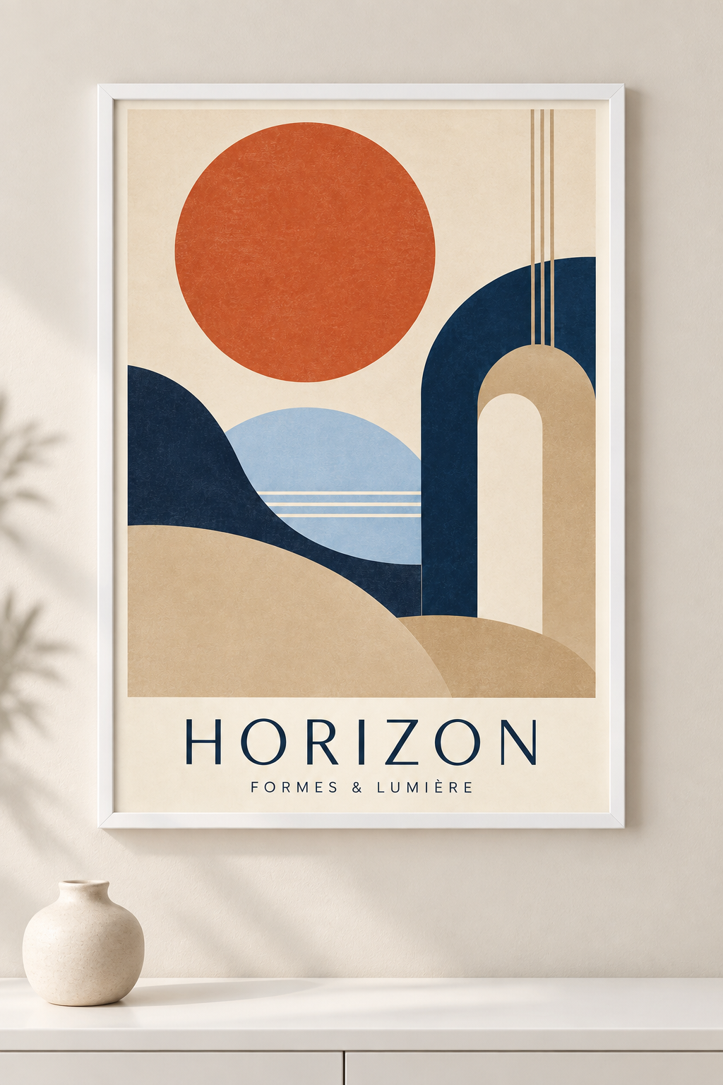 Affiche abstraite Horizon aux formes terracotta et bleu nuit dans un cadre blanc mat