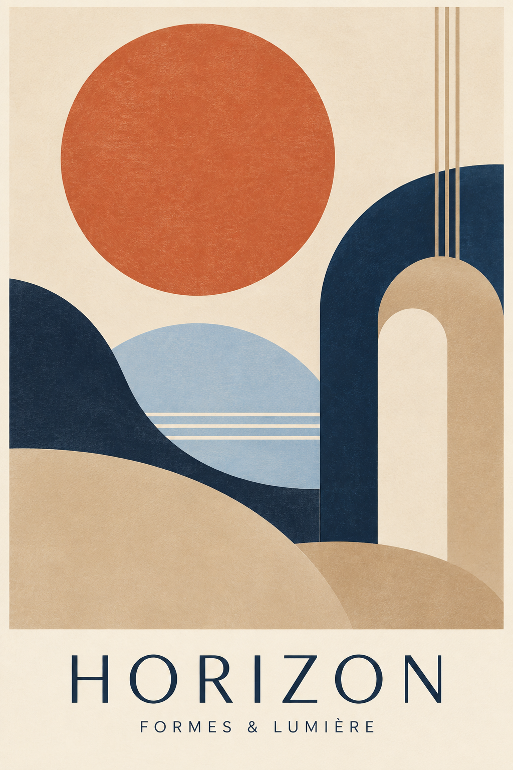 Affiche abstraite Horizon aux formes terracotta et bleu nuit
