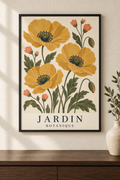 Affiche botanique Jardin avec pavots ocre dans un cadre noir mat