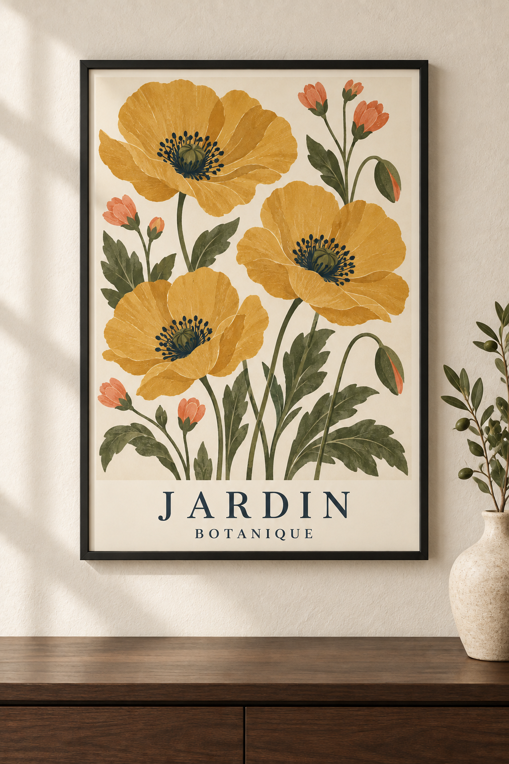 Affiche botanique Jardin avec pavots ocre dans un cadre noir mat