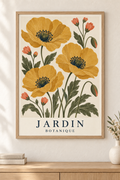 Affiche botanique Jardin avec pavots ocre dans un cadre en bois naturel