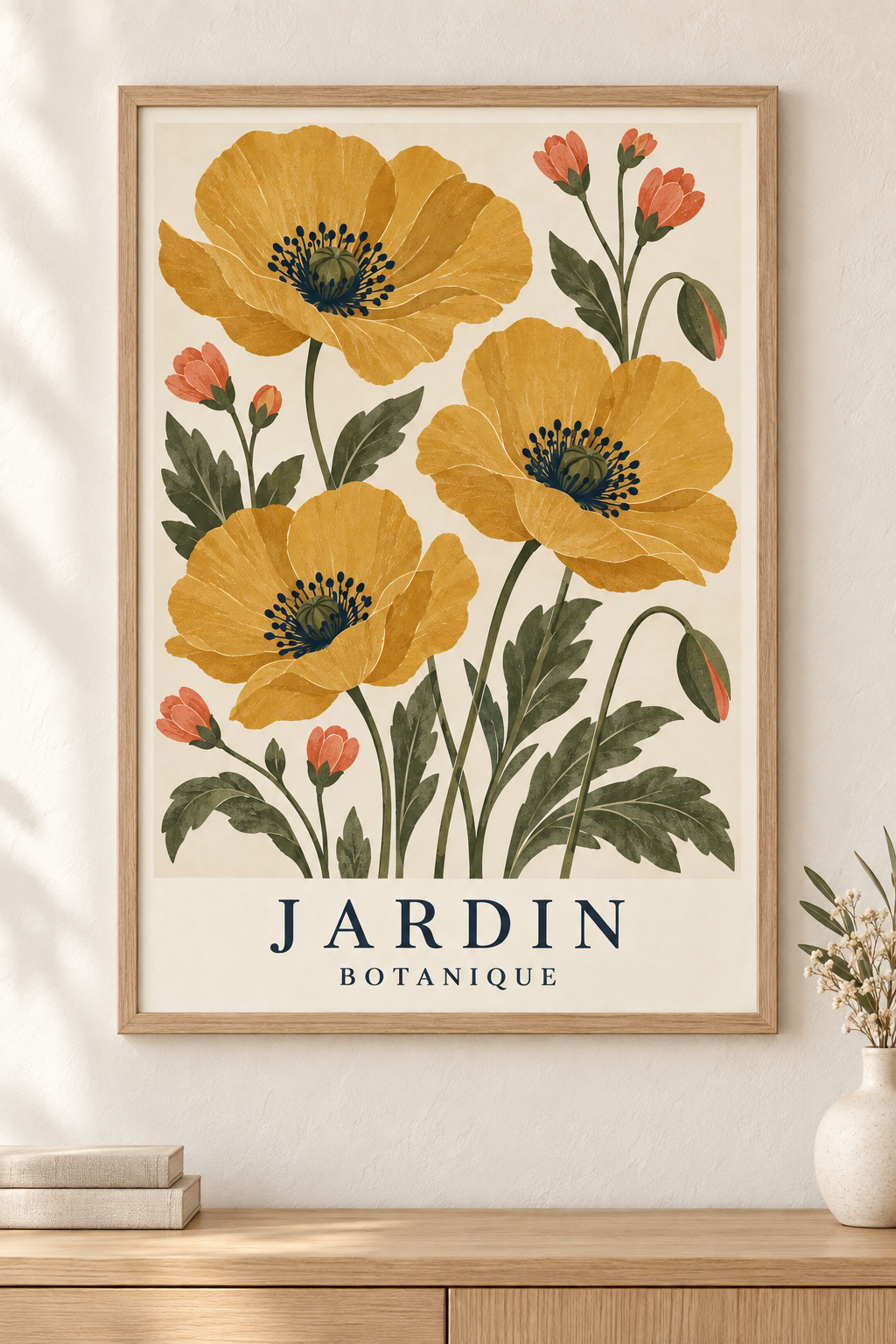 Affiche botanique Jardin avec pavots ocre dans un cadre en bois naturel