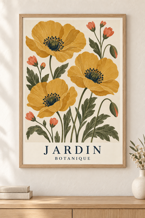 Affiche botanique Jardin avec pavots ocre dans un cadre en bois naturel