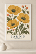 Affiche botanique Jardin avec pavots ocre dans un cadre blanc mat