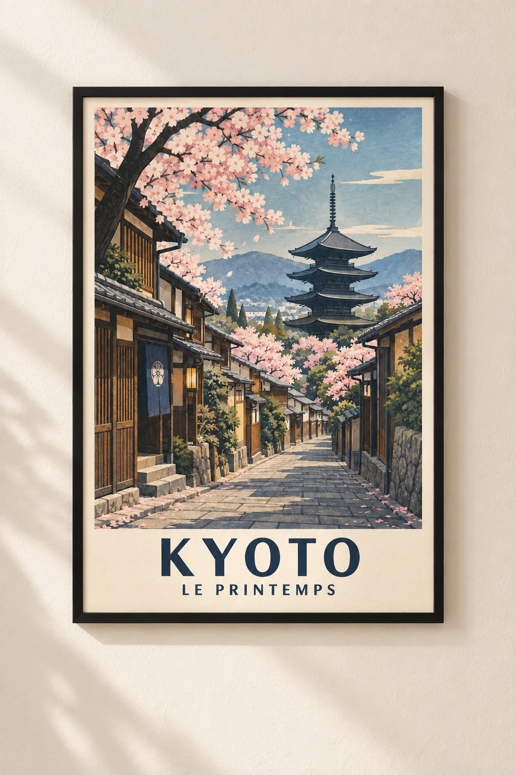 Affiche illustrée Kyoto au printemps avec cerisiers et pagode dans un cadre noir mat