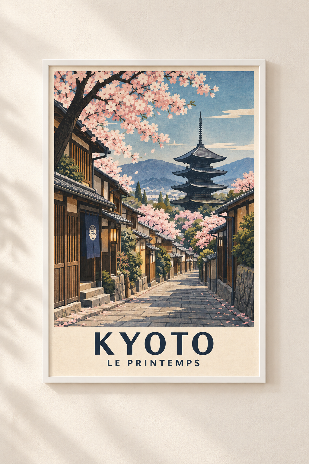 Affiche illustrée Kyoto au printemps avec cerisiers et pagode dans un cadre blanc mat