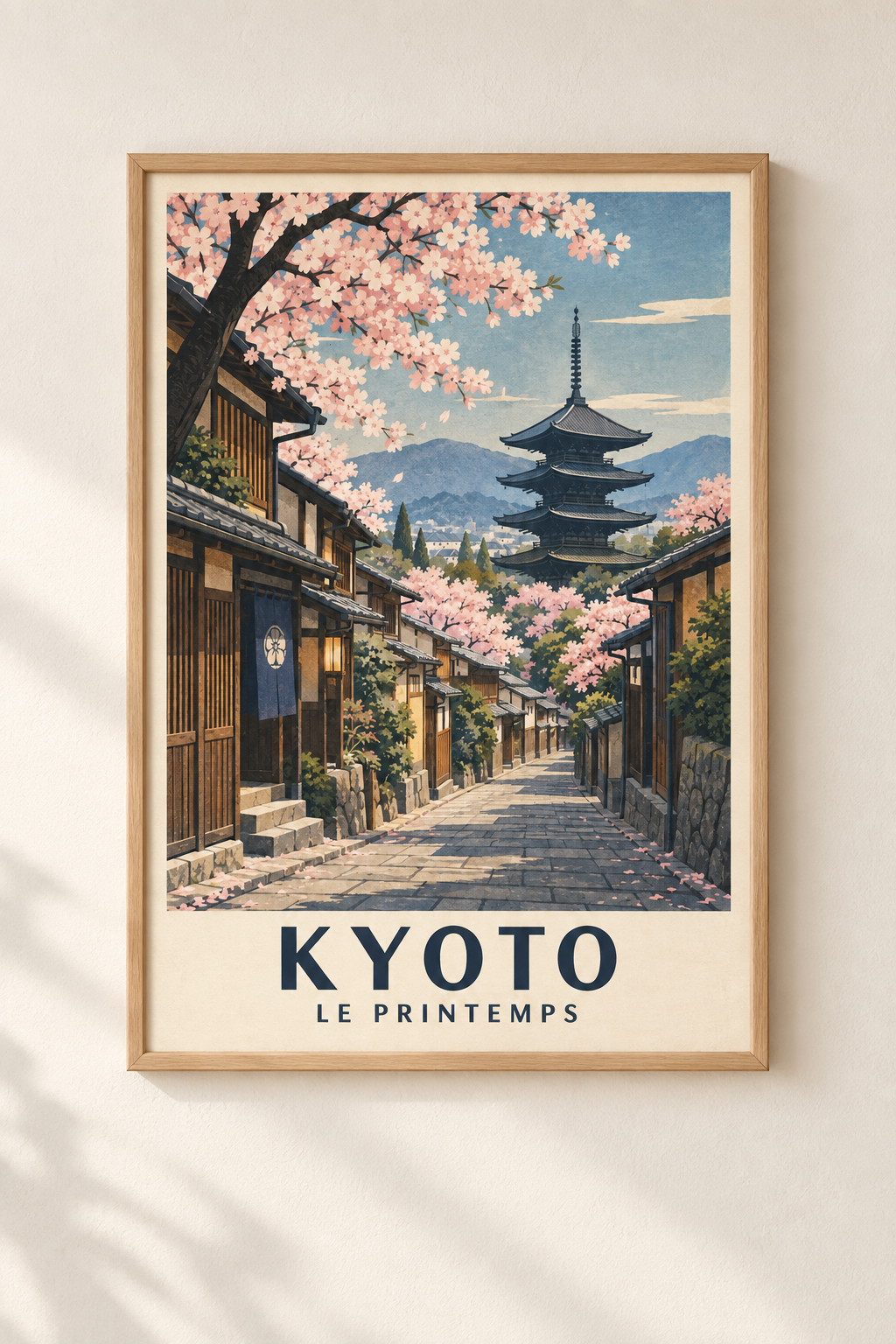 Affiche illustrée Kyoto au printemps avec cerisiers et pagode dans un cadre en bois naturel