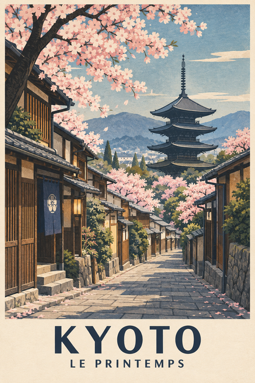 Affiche illustrée Kyoto au printemps avec cerisiers et pagode