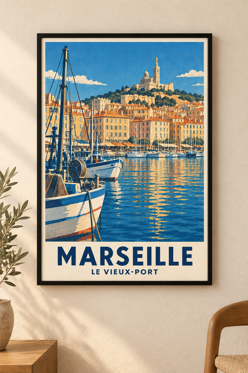 Affiche illustrée Marseille, le Vieux-Port dans un cadre noir mat