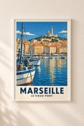 Affiche illustrée Marseille, le Vieux-Port dans un cadre blanc mat