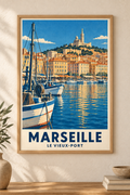 Affiche illustrée Marseille, le Vieux-Port dans un cadre en bois naturel