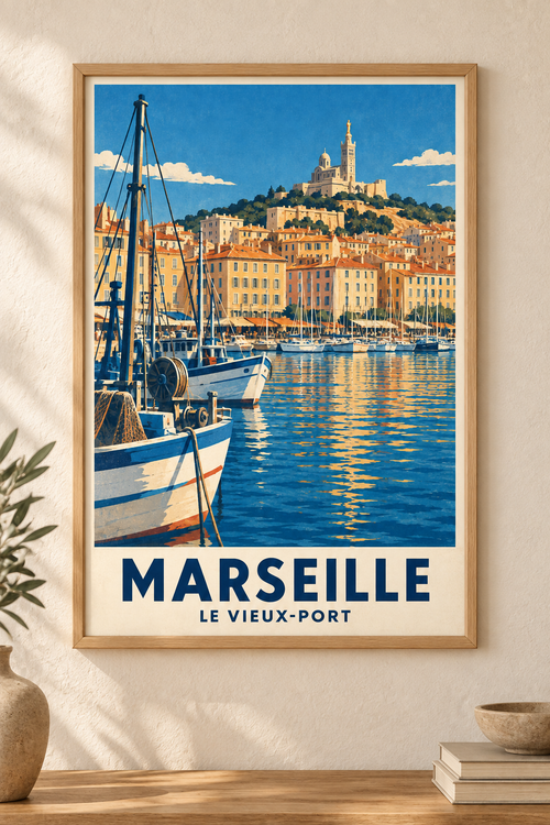 Affiche illustrée Marseille, le Vieux-Port dans un cadre en bois naturel