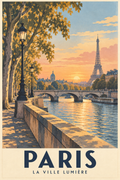 Affiche illustrée Paris, la Ville Lumière et la Seine