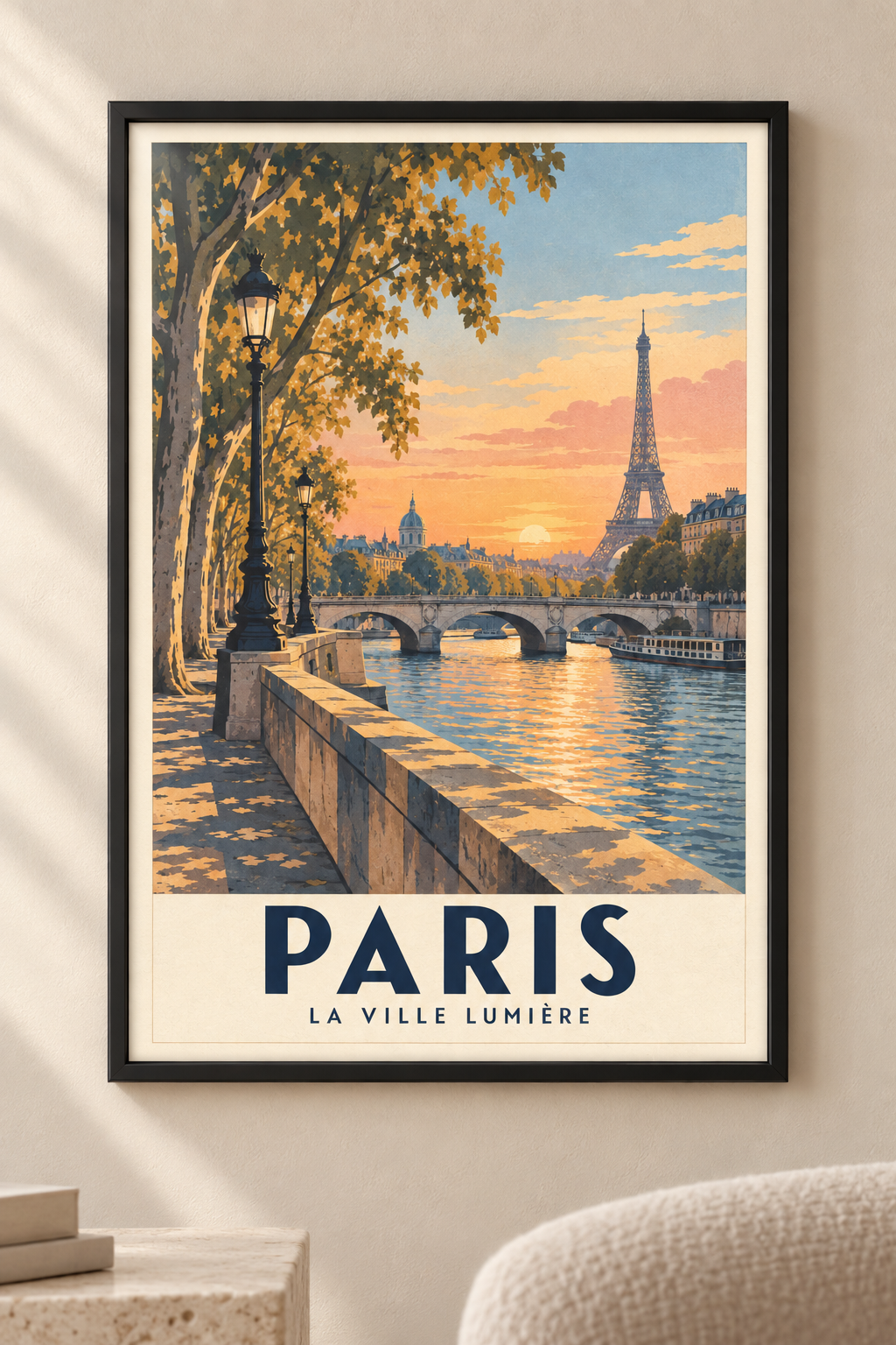 Affiche illustrée Paris, la Ville Lumière et la Seine dans un cadre noir mat