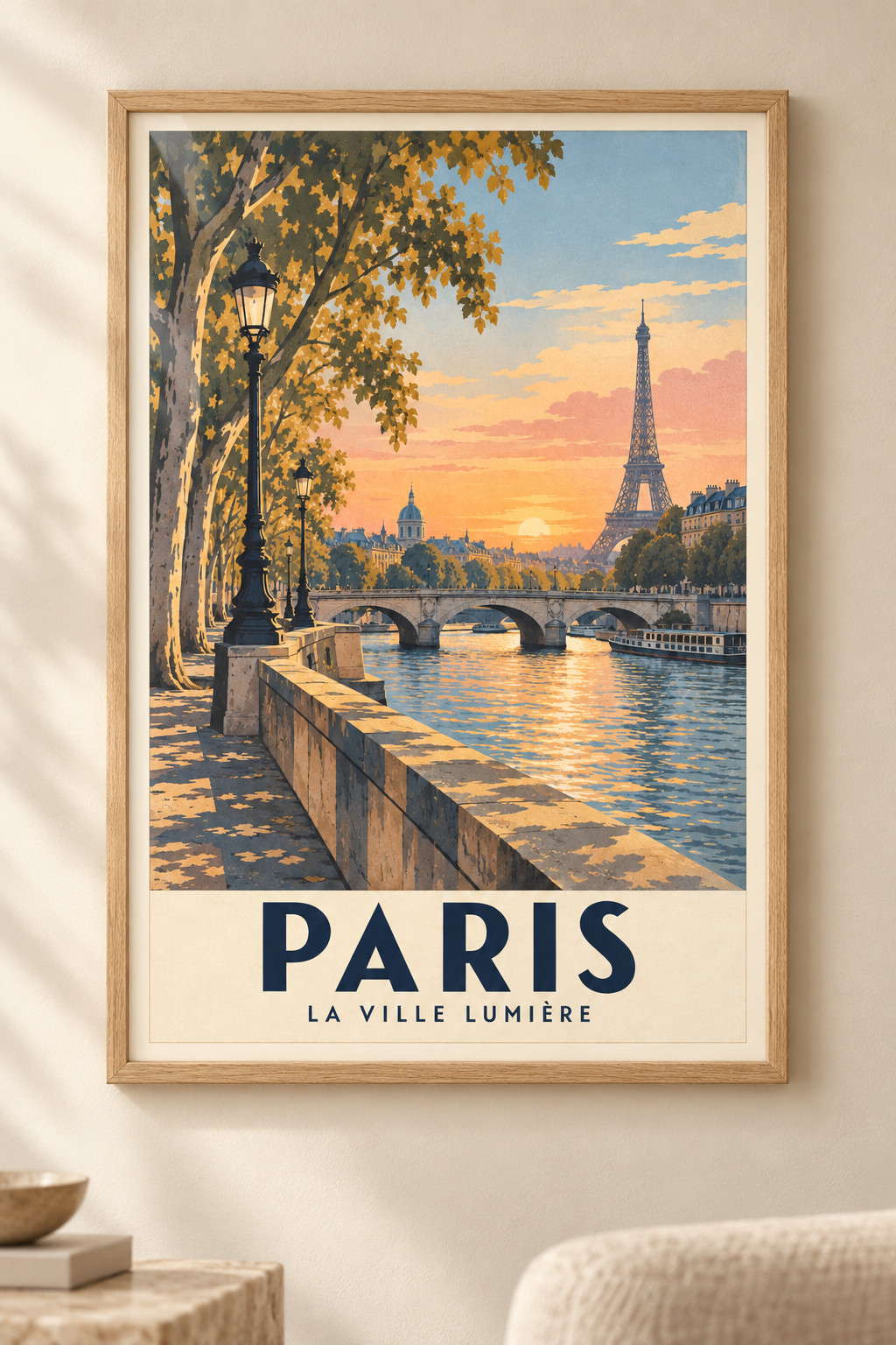 Affiche illustrée Paris, la Ville Lumière et la Seine dans un cadre en bois naturel